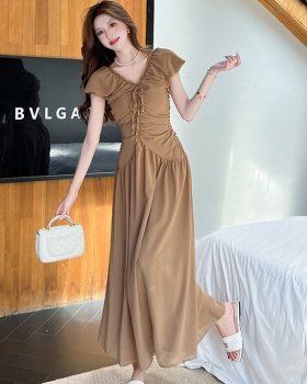 Summer pinched waist V-neck long dress slim pleated dress