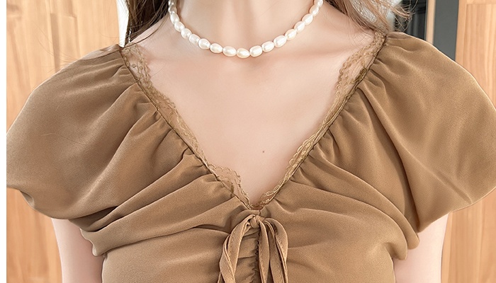 Summer pinched waist V-neck long dress slim pleated dress
