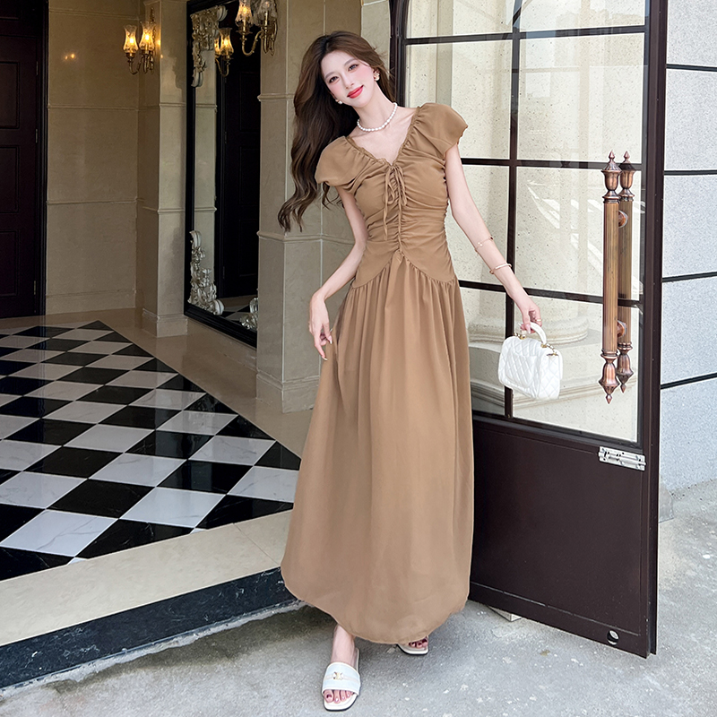 Summer pinched waist V-neck long dress slim pleated dress