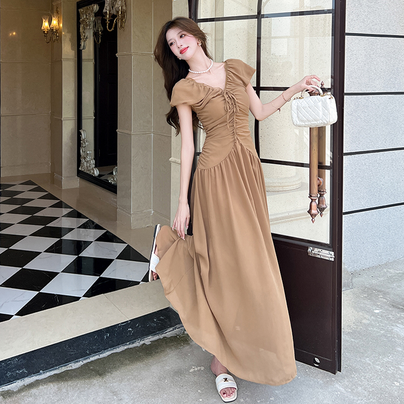 Summer pinched waist V-neck long dress slim pleated dress