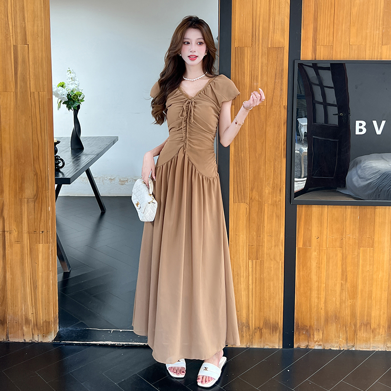 Summer pinched waist V-neck long dress slim pleated dress