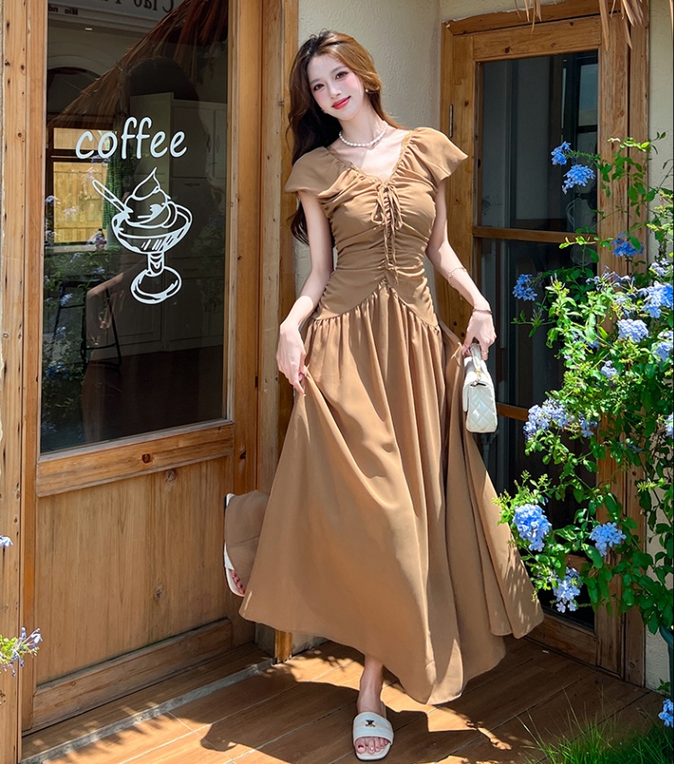 Summer pinched waist V-neck long dress slim pleated dress