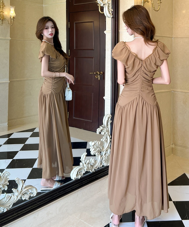Summer pinched waist V-neck long dress slim pleated dress