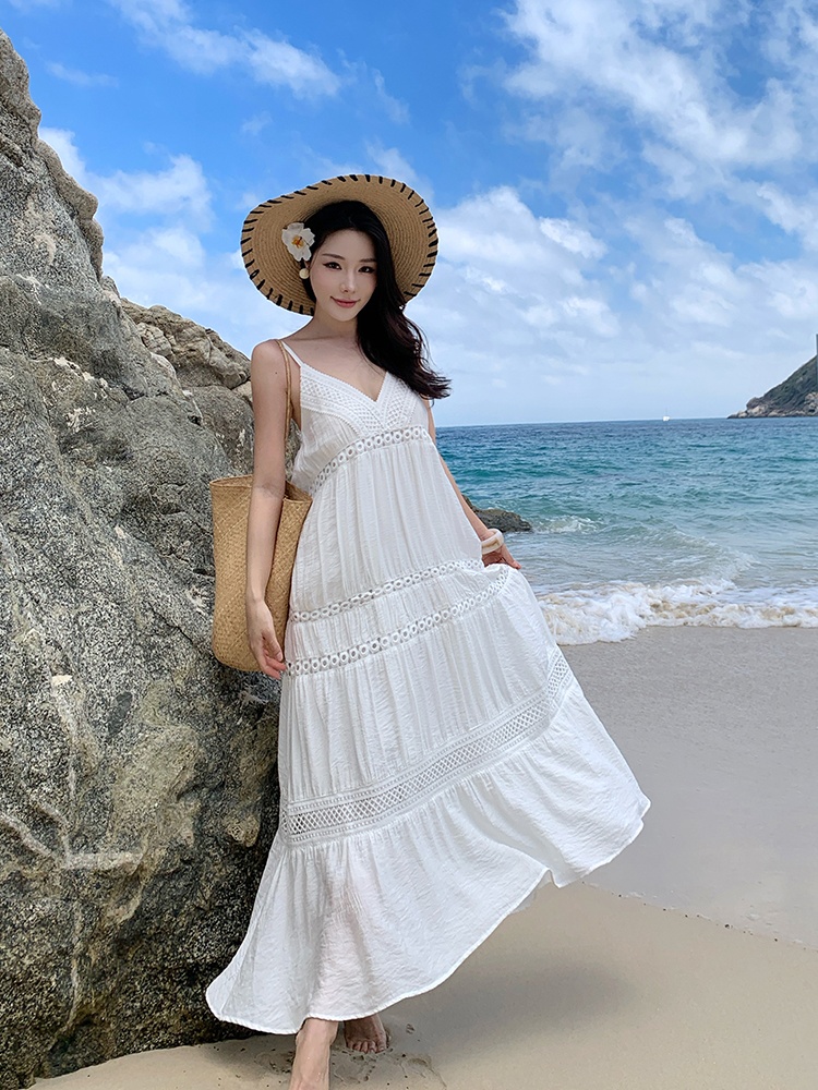 Sling vacation beach dress V-neck white dress