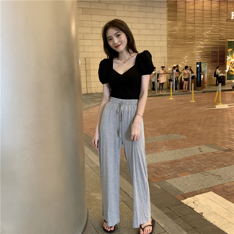 Retro was white puff sleeve short sleeve V-neck slim T-shirt