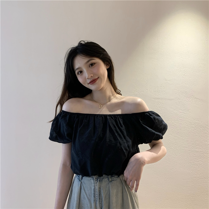 Short sleeve puff sleeve show young flat shoulder short tops