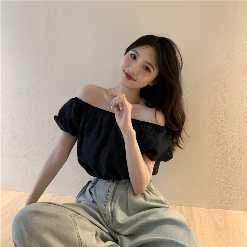 Short sleeve puff sleeve show young flat shoulder short tops