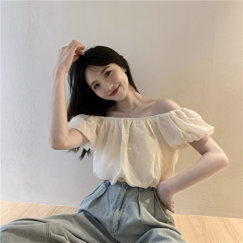 Short sleeve puff sleeve show young flat shoulder short tops