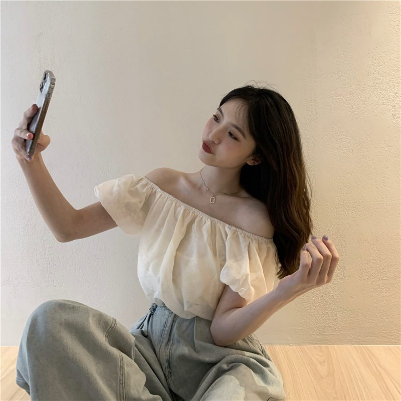 Short sleeve puff sleeve show young flat shoulder short tops