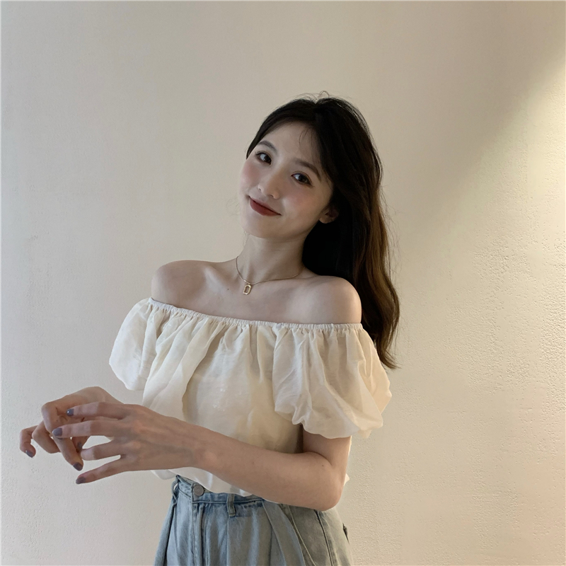 Short sleeve puff sleeve show young flat shoulder short tops