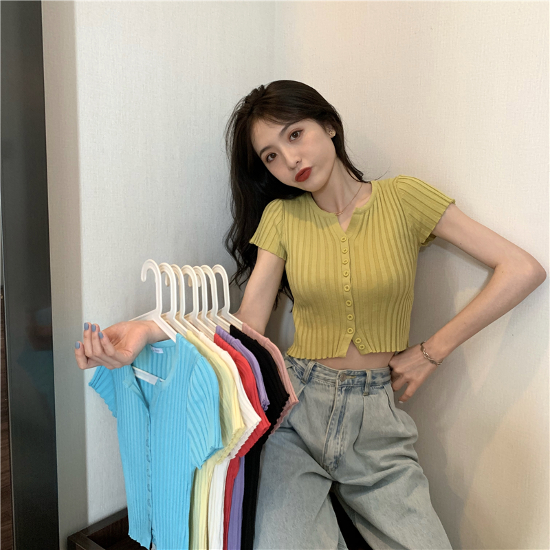 Slim V-neck short T-shirt navel summer sweater