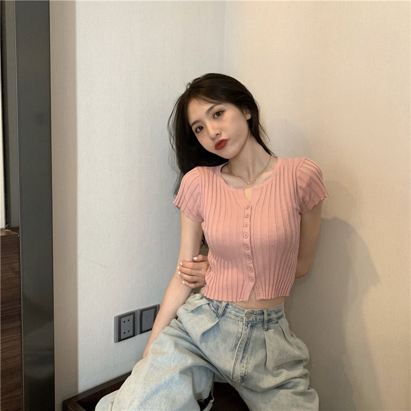 Slim V-neck short T-shirt navel summer sweater