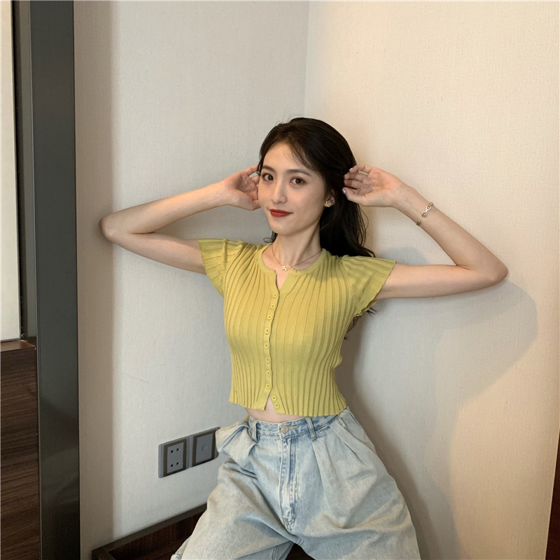 Slim V-neck short T-shirt navel summer sweater