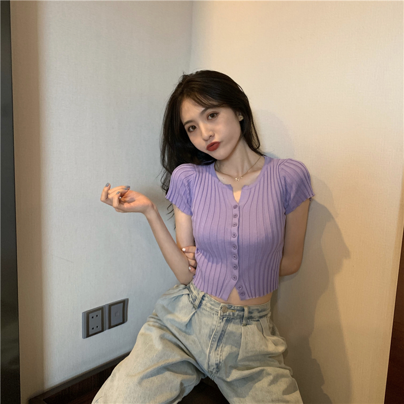 Slim V-neck short T-shirt navel summer sweater