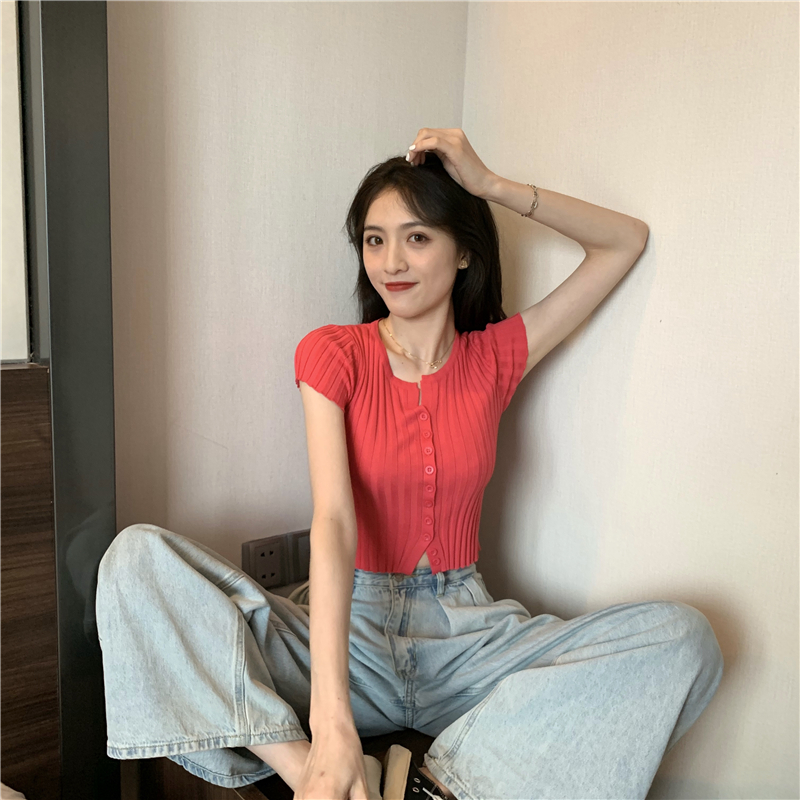 Slim V-neck short T-shirt navel summer sweater