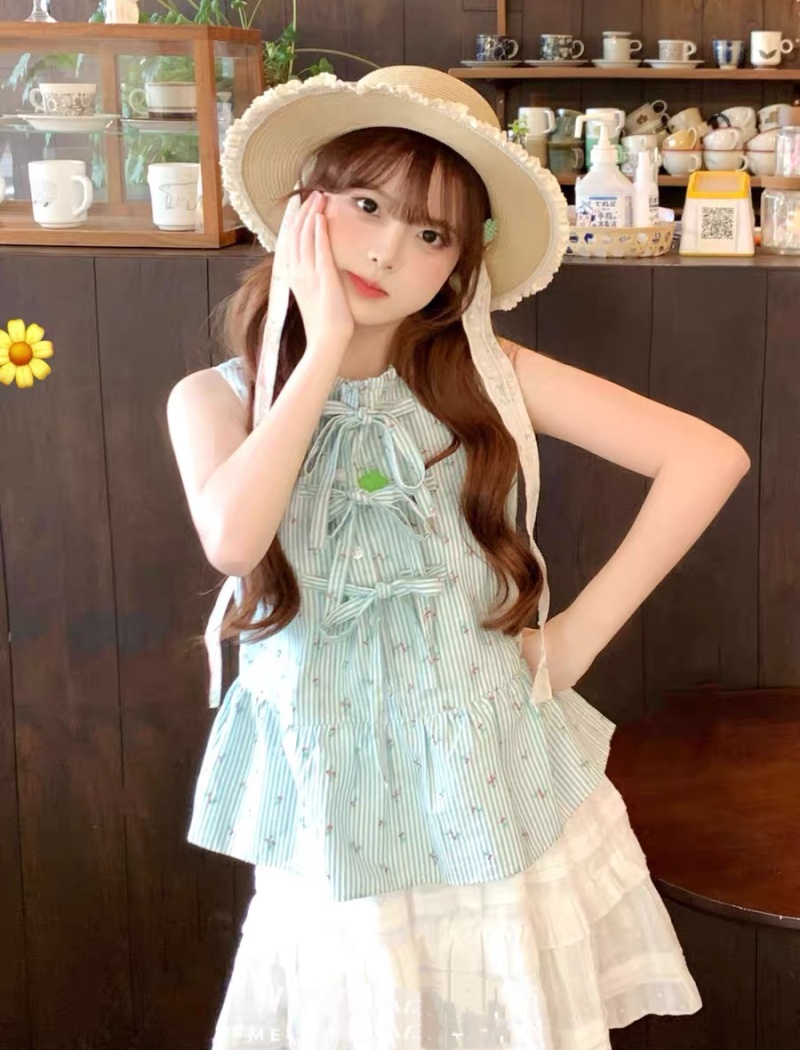 Bandage bow sleeveless vest polka dot summer shirt