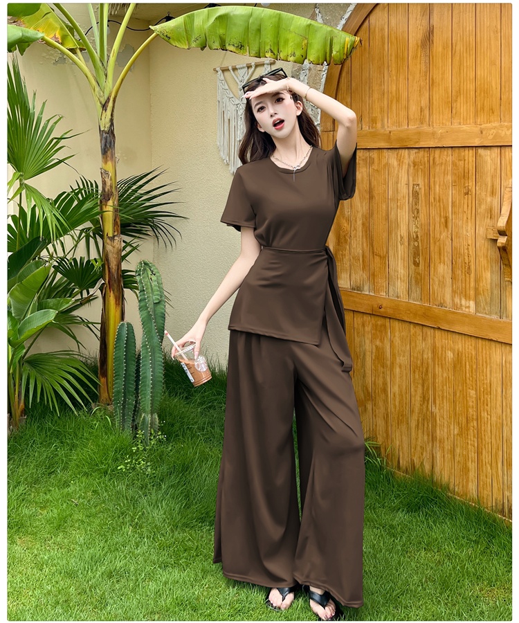 Casual T-shirt high waist wide leg pants 3pcs set for women