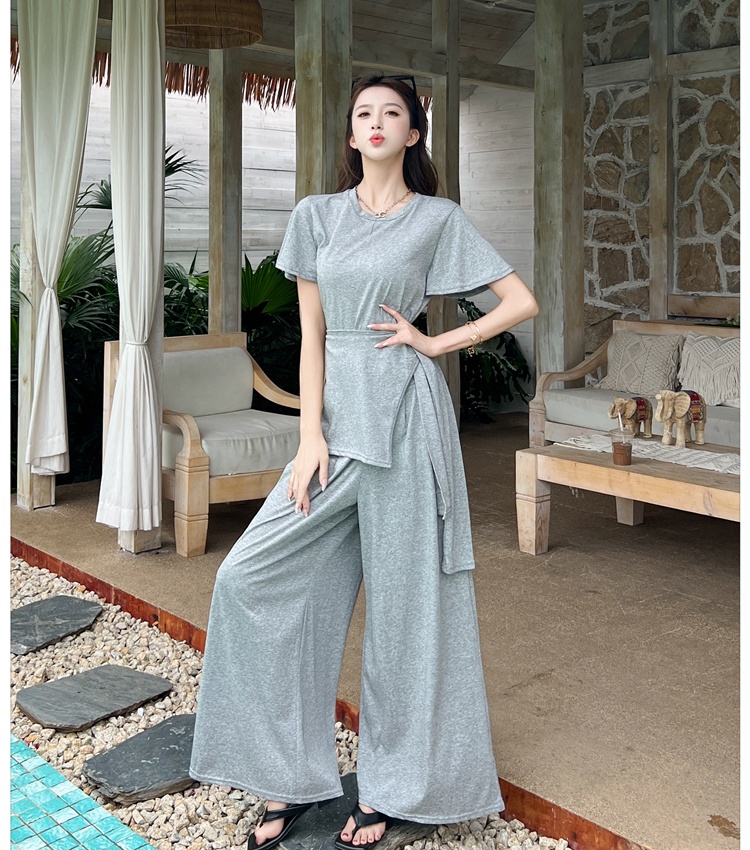 Casual T-shirt high waist wide leg pants 3pcs set for women
