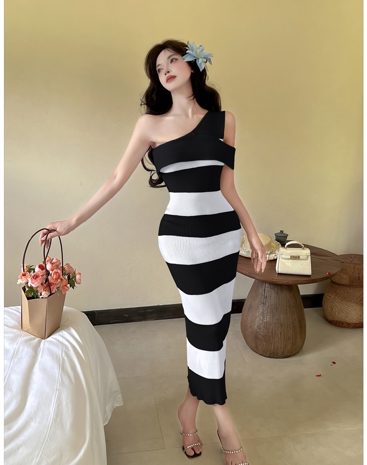 Stripe sloping shoulder dress tender long dress for women