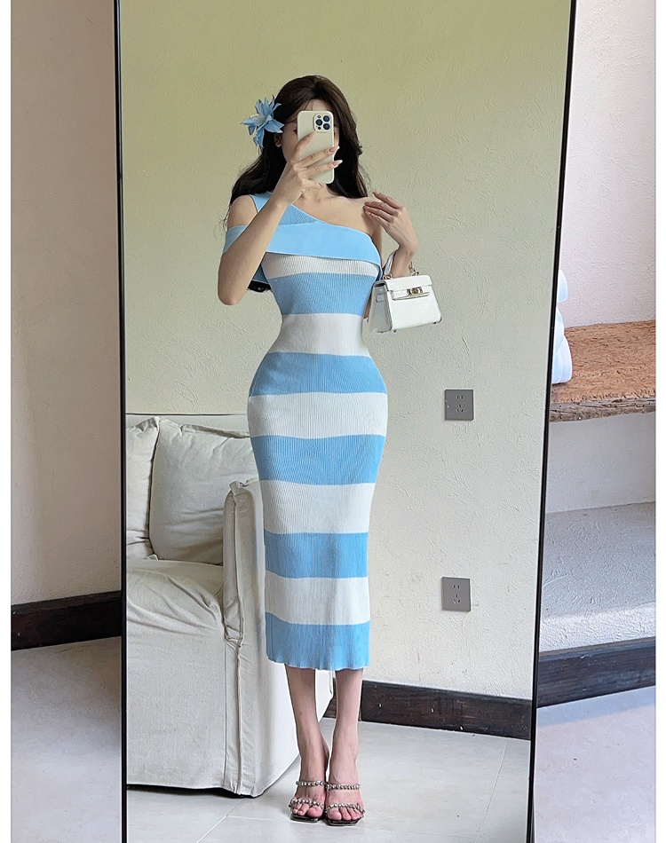 Stripe sloping shoulder dress tender long dress for women