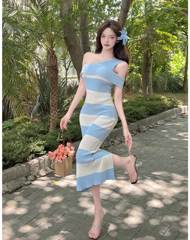 Stripe sloping shoulder dress tender long dress for women