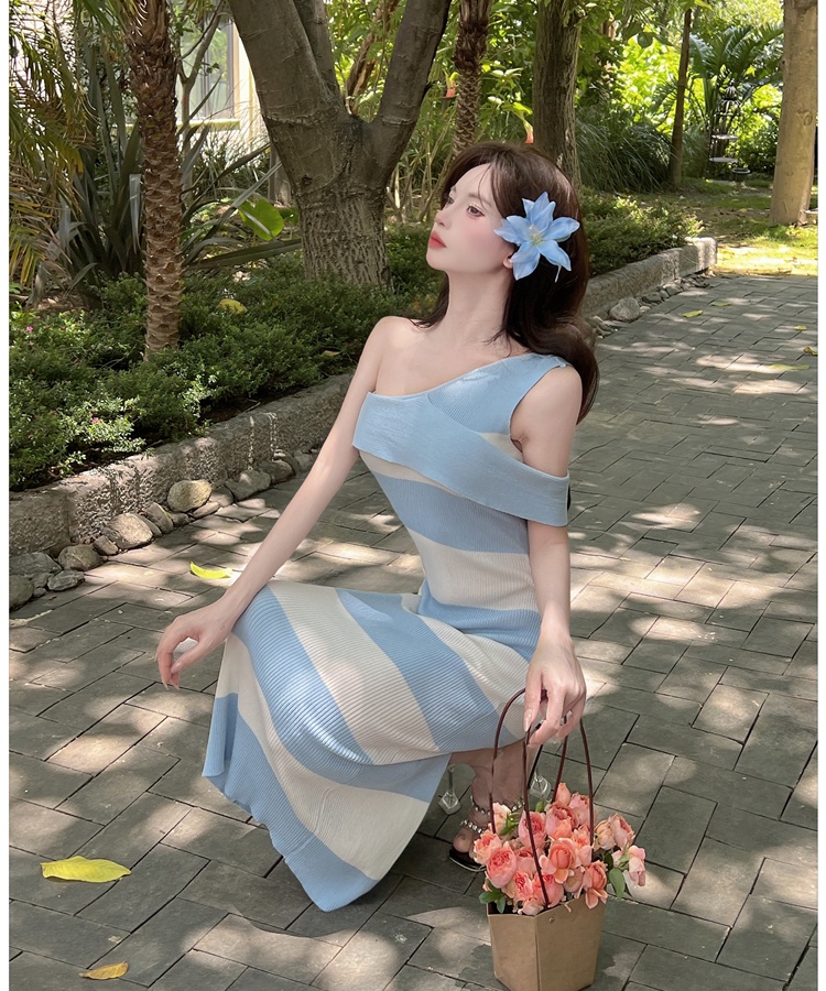 Stripe sloping shoulder dress tender long dress for women