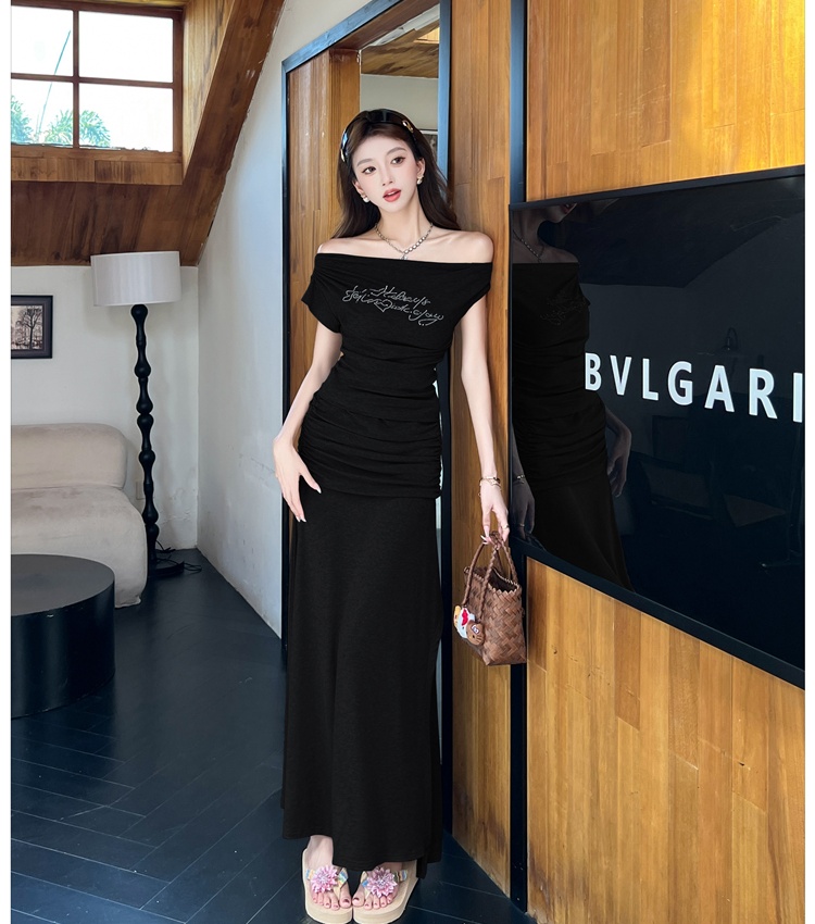 Sloping shoulder long skirt split tops 2pcs set for women
