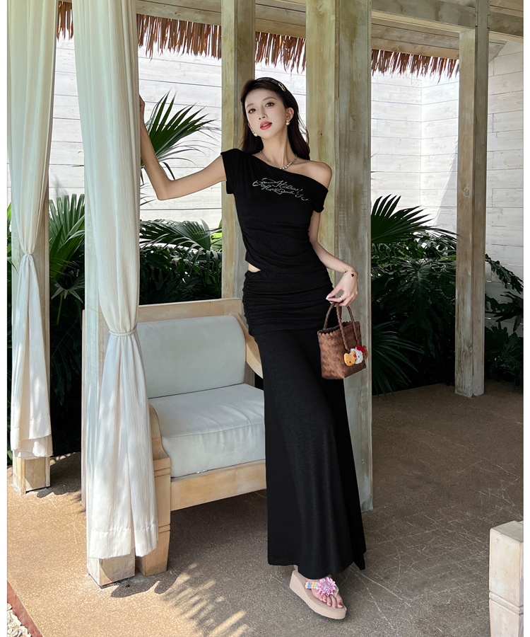 Sloping shoulder long skirt split tops 2pcs set for women