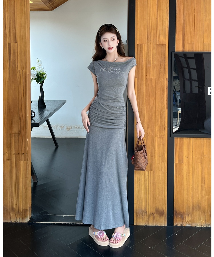Sloping shoulder long skirt split tops 2pcs set for women