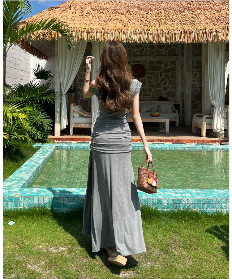 Sloping shoulder long skirt split tops 2pcs set for women