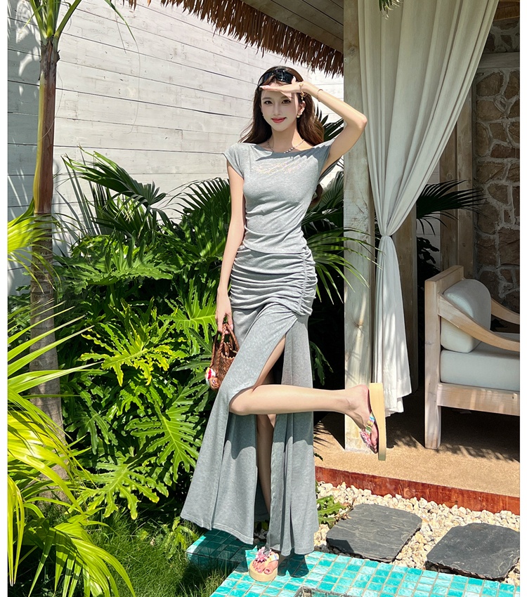 Sloping shoulder long skirt split tops 2pcs set for women