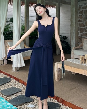 Summer slim long dress navy-blue bandage shawl for women