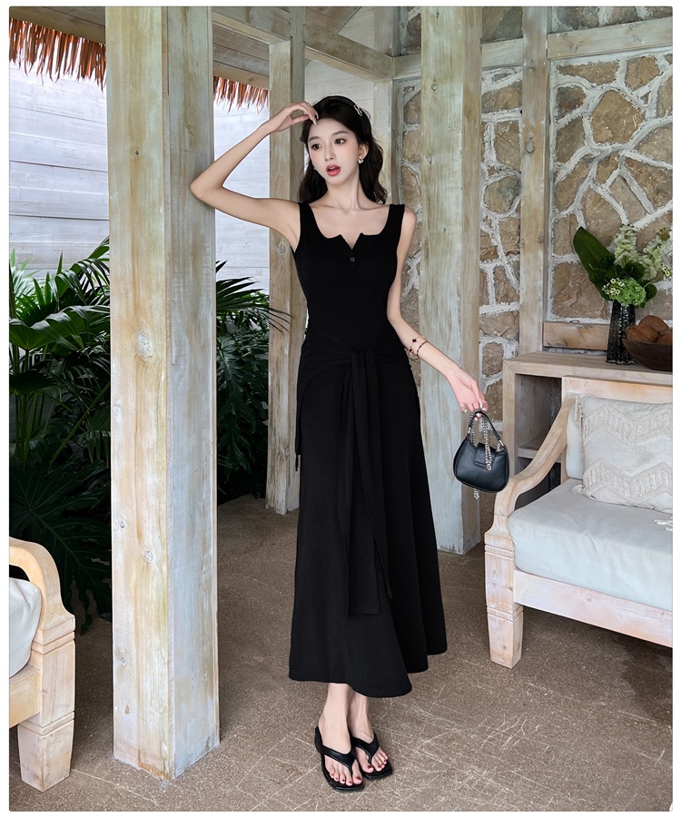 Summer slim long dress navy-blue bandage shawl for women