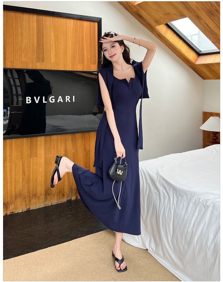 Summer slim long dress navy-blue bandage shawl for women