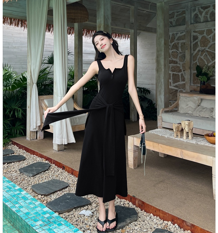 Summer slim long dress navy-blue bandage shawl for women