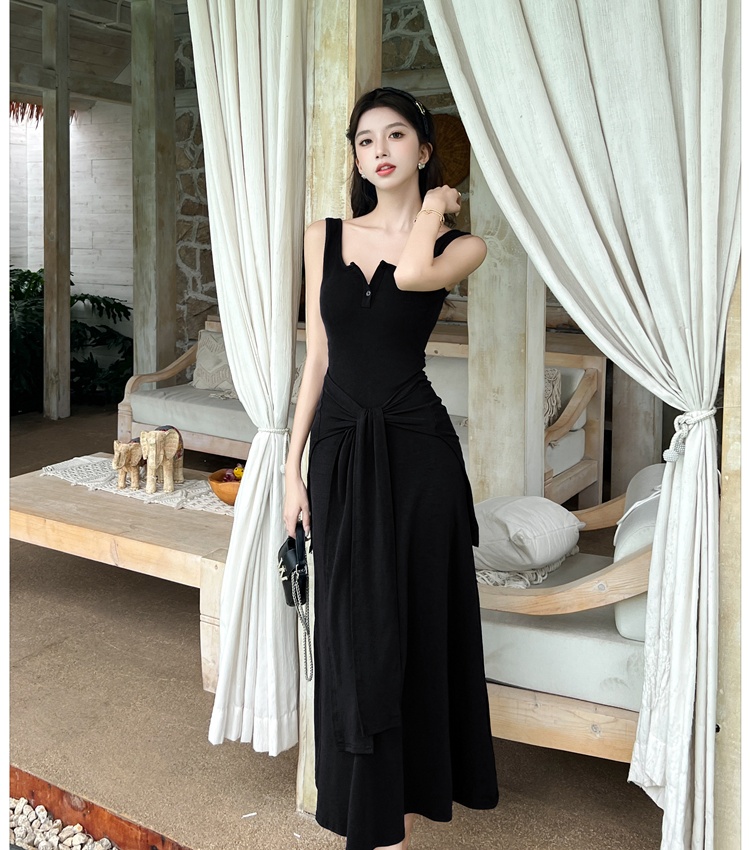 Summer slim long dress navy-blue bandage shawl for women