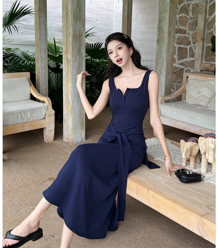 Summer slim long dress navy-blue bandage shawl for women