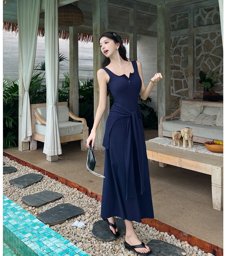 Summer slim long dress navy-blue bandage shawl for women