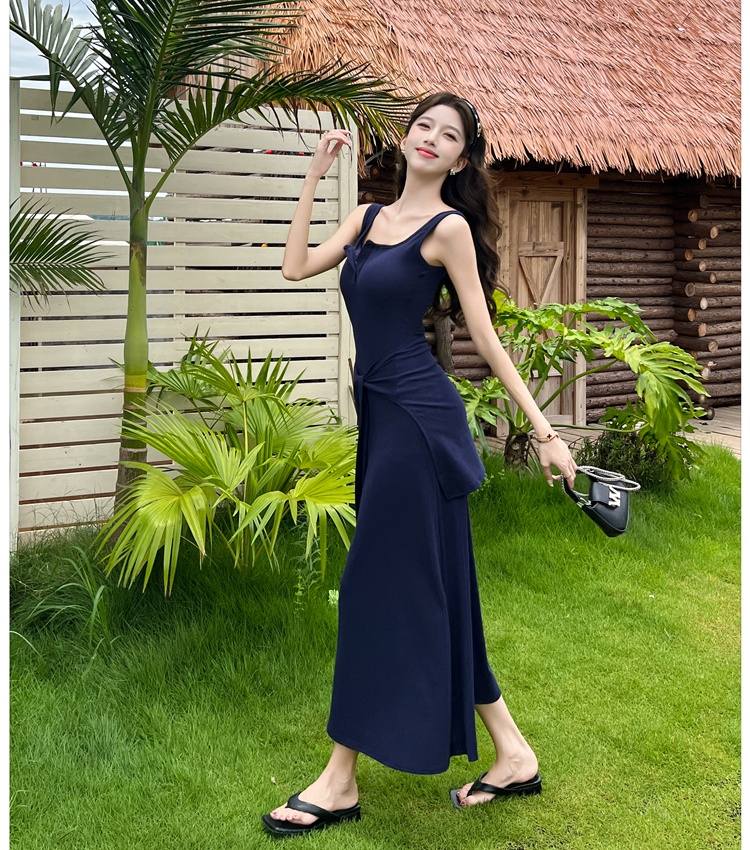 Summer slim long dress navy-blue bandage shawl for women