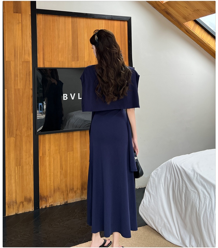Summer slim long dress navy-blue bandage shawl for women