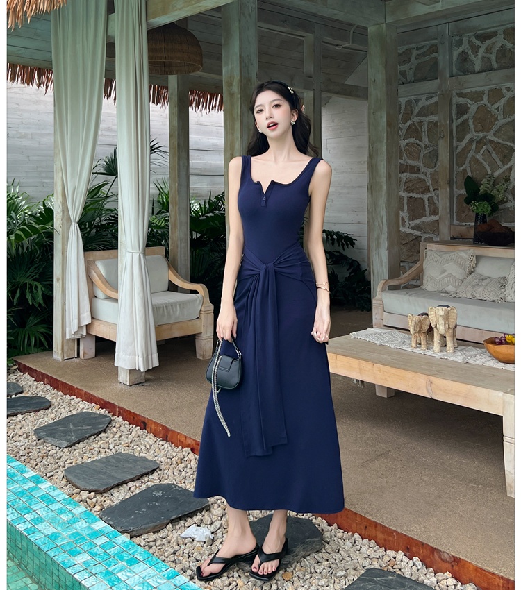 Summer slim long dress navy-blue bandage shawl for women