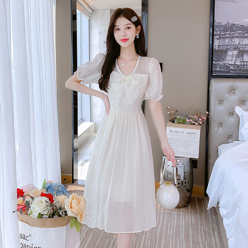 Summer long bow France style slim dress for women
