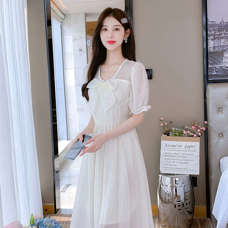 Summer long bow France style slim dress for women