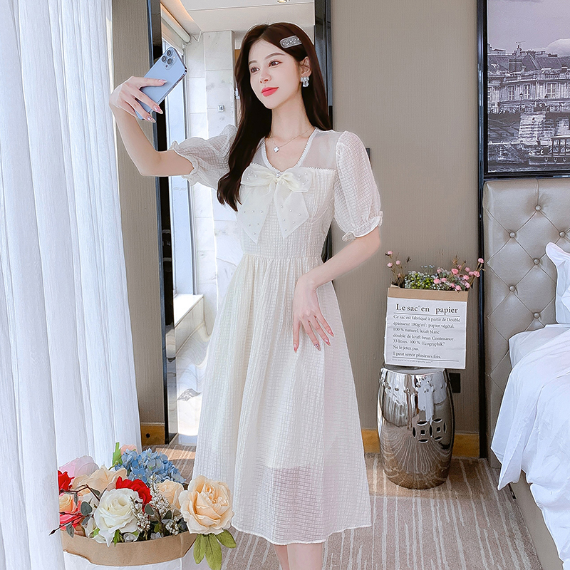 Summer long bow France style slim dress for women
