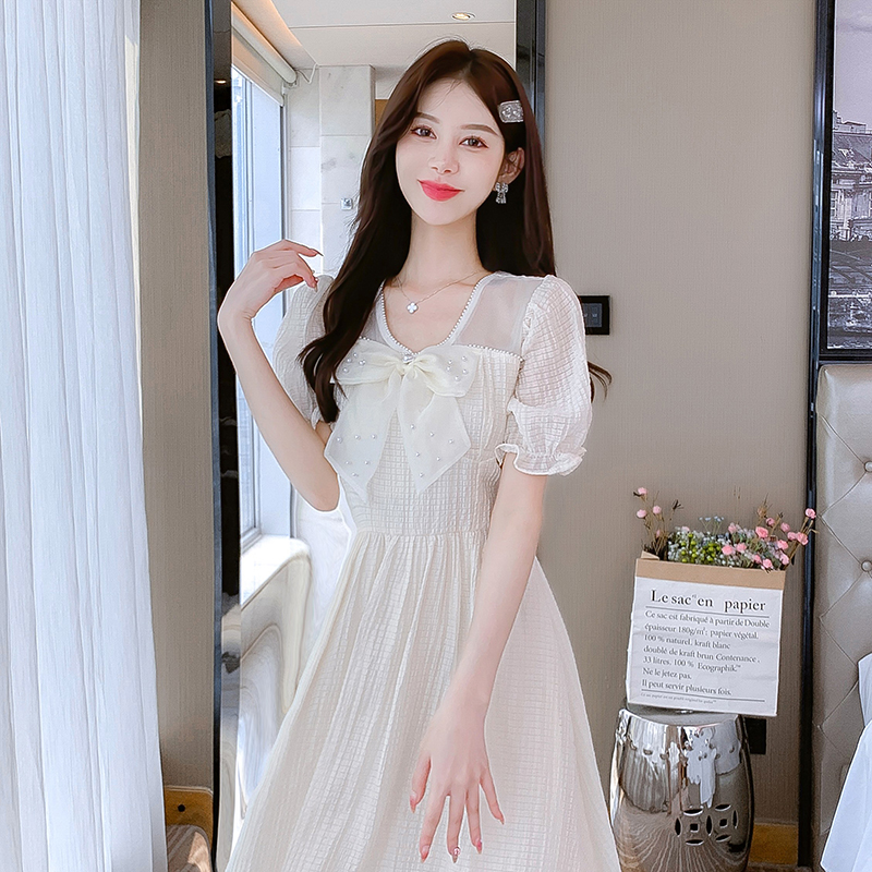 Summer long bow France style slim dress for women