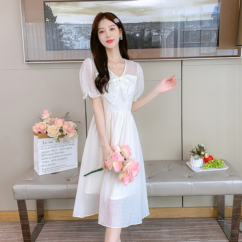 Summer long bow France style slim dress for women