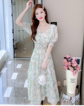 Summer France style puff sleeve long dress for women