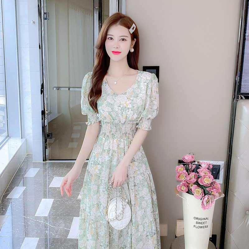 Summer France style puff sleeve long dress for women