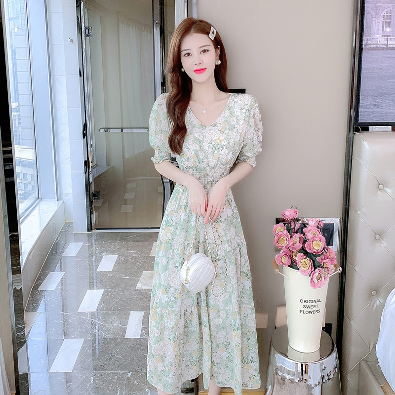 Summer France style puff sleeve long dress for women