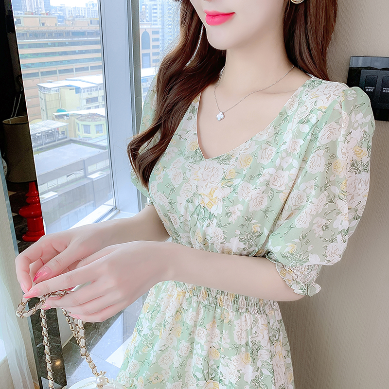 Summer France style puff sleeve long dress for women